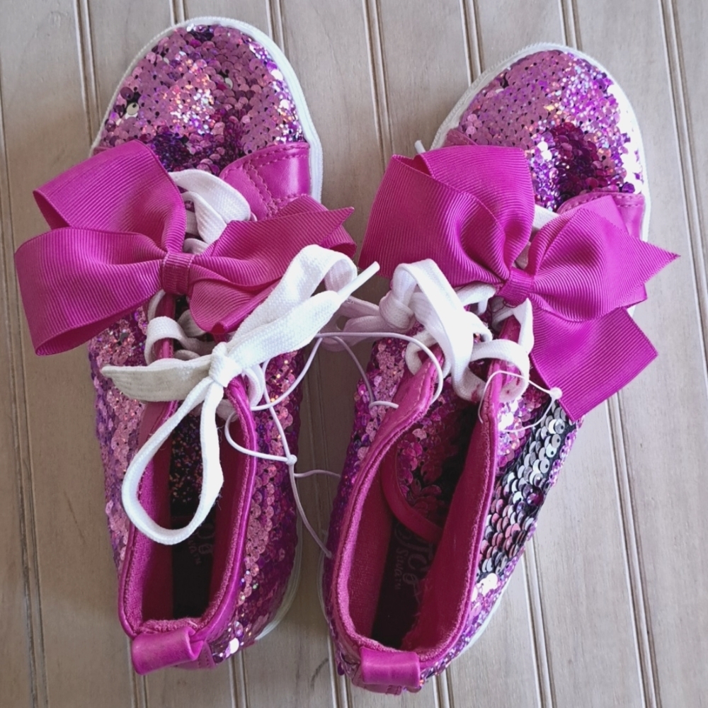 NWT JoJo Ground Up Pink Sequin Sparkly Hot Pink With Bow Girl High Top Sneakers